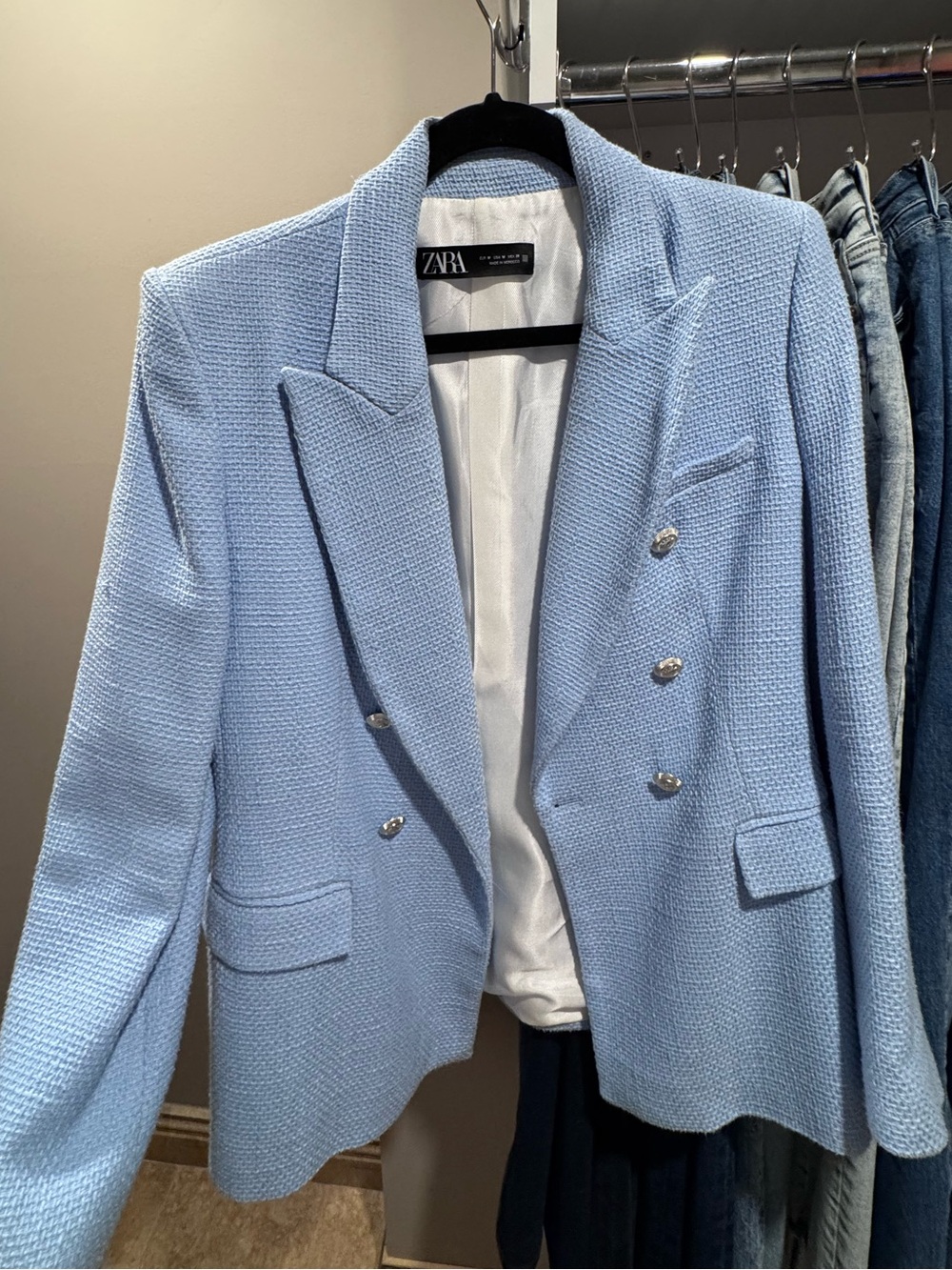Zara Powder Blue Textured Tweed Double-Breasted Blazer